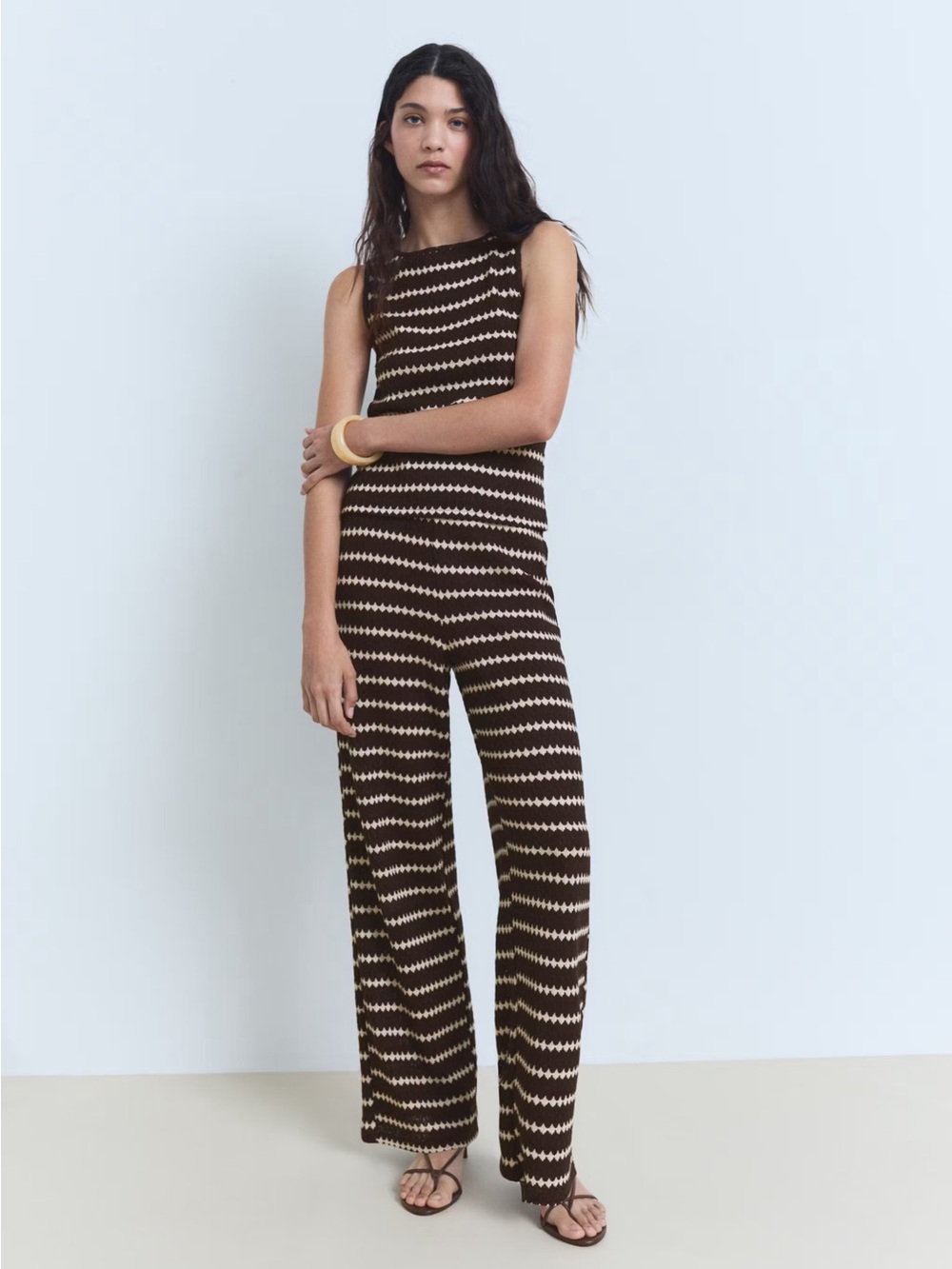 Mango Brown Co-ord Geometric Knitted set top+pants NWT
